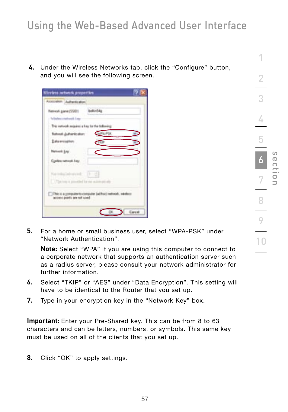 Using the web-based advanced user interface, Se ct io n | Belkin Wireless G Desktop Card F5D7000 User Manual | Page 59 / 116