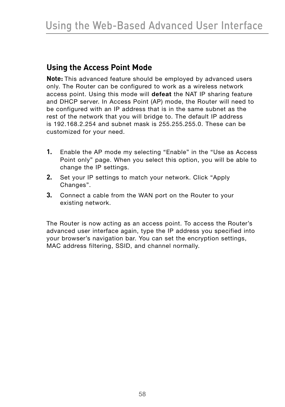 Using the web-based advanced user interface, Using the access point mode | Belkin Wireless G Desktop Card F5D7000 User Manual | Page 60 / 116