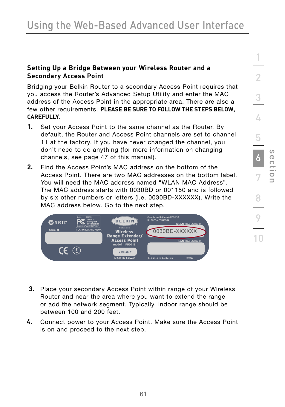 Using the web-based advanced user interface, Se ct io n | Belkin Wireless G Desktop Card F5D7000 User Manual | Page 63 / 116