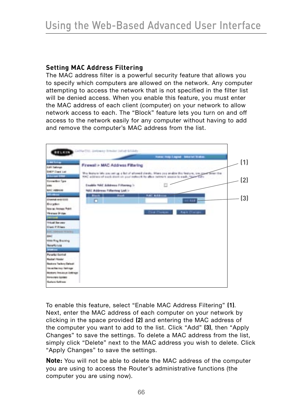 Using the web-based advanced user interface | Belkin Wireless G Desktop Card F5D7000 User Manual | Page 68 / 116