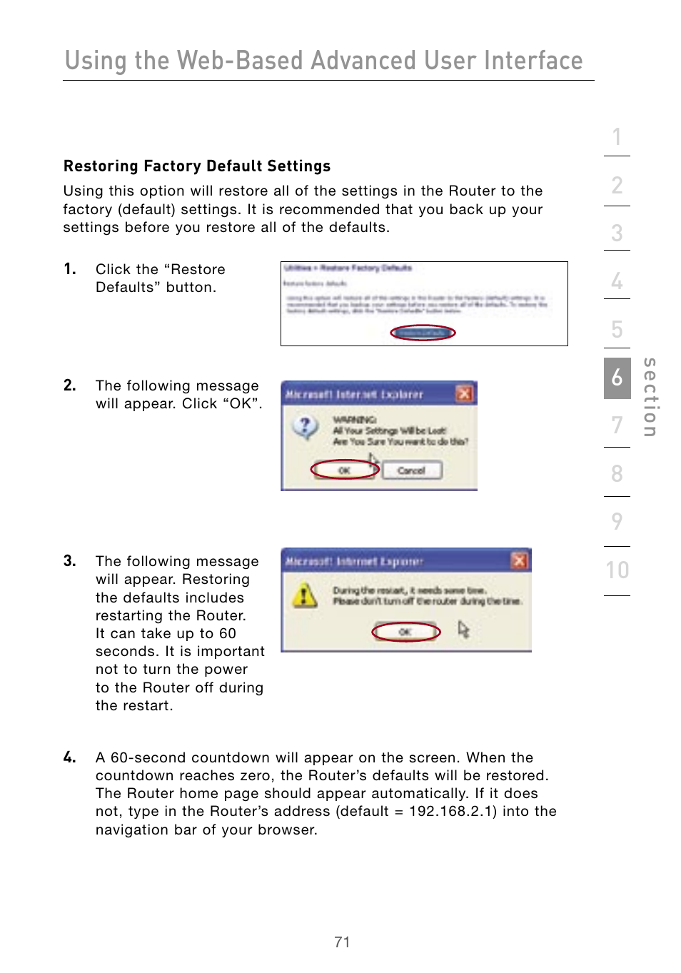 Using the web-based advanced user interface, Se ct io n | Belkin Wireless G Desktop Card F5D7000 User Manual | Page 73 / 116