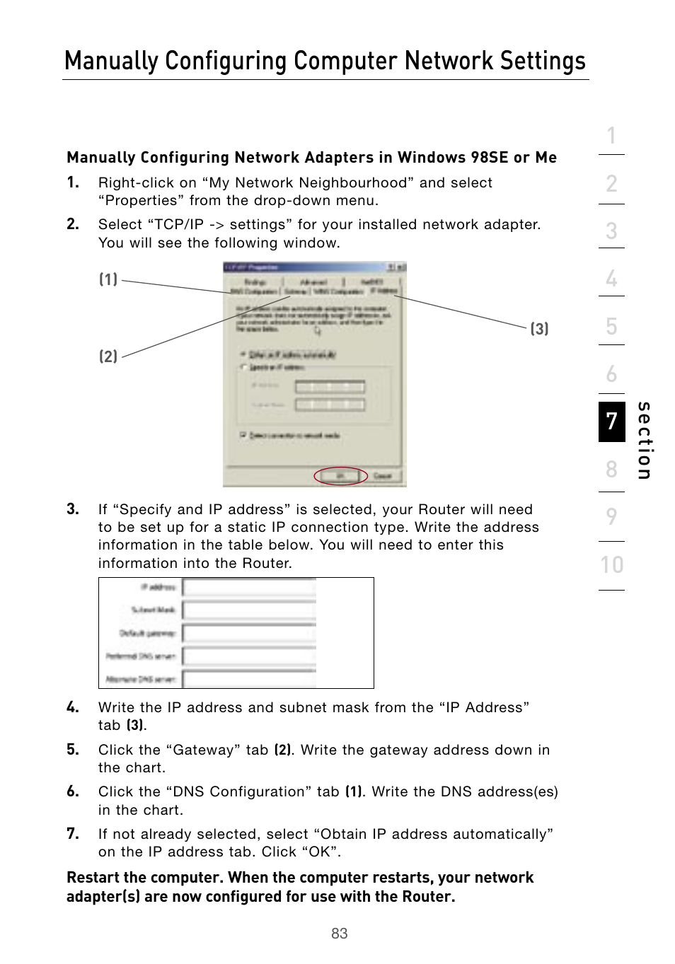 Manually configuring computer network settings, Se ct io n | Belkin Wireless G Desktop Card F5D7000 User Manual | Page 85 / 116