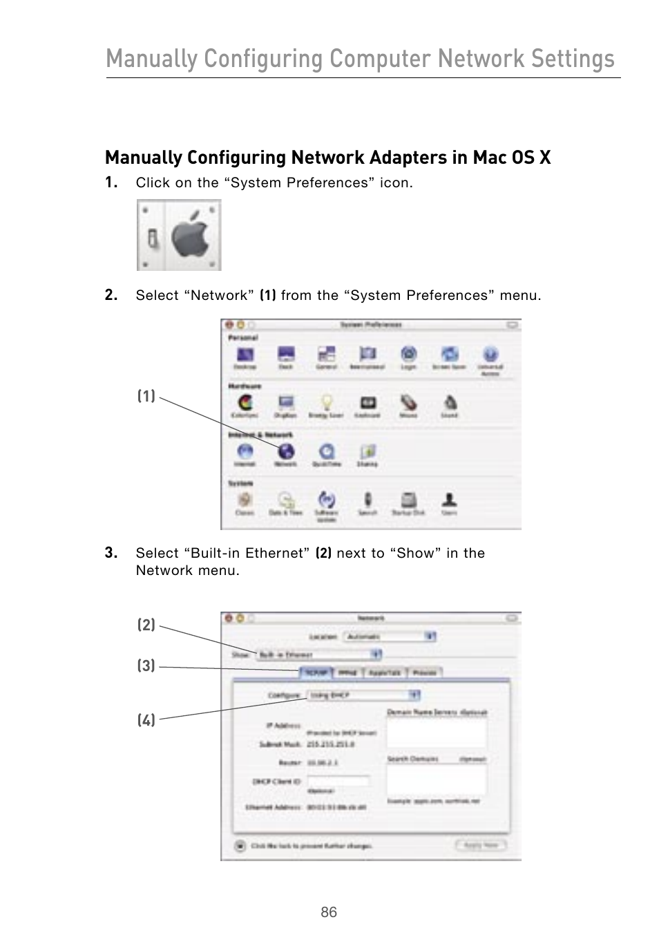Manually configuring computer network settings, Manually configuring network adapters in mac os x | Belkin Wireless G Desktop Card F5D7000 User Manual | Page 88 / 116