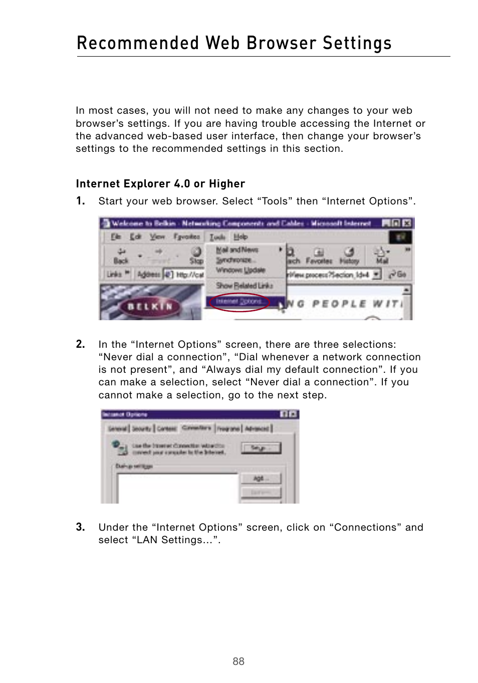 Recommended web browser settings | Belkin Wireless G Desktop Card F5D7000 User Manual | Page 90 / 116