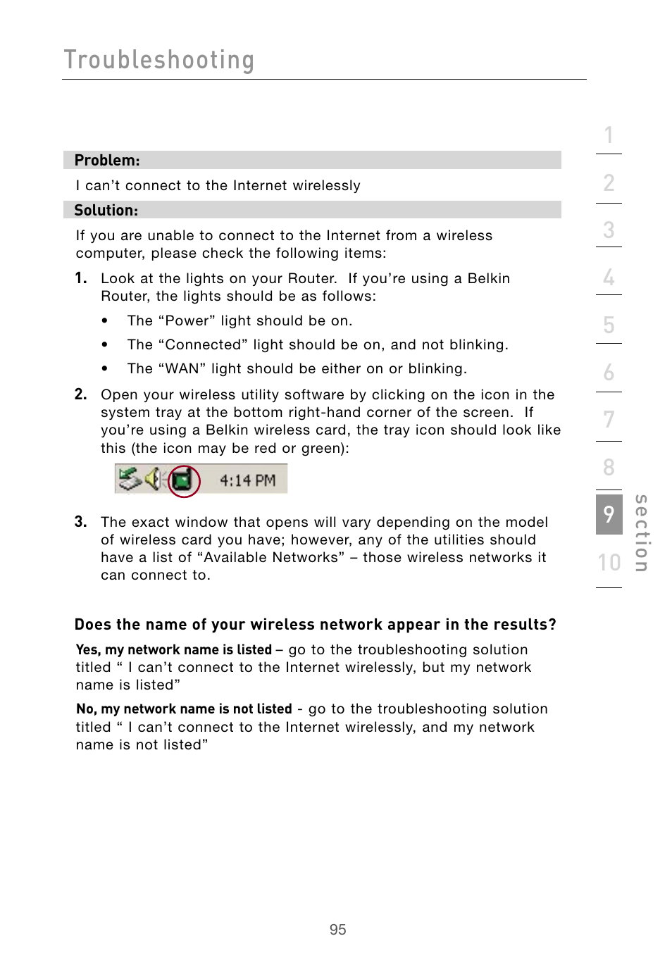 Troubleshooting, Se ct io n | Belkin Wireless G Desktop Card F5D7000 User Manual | Page 97 / 116