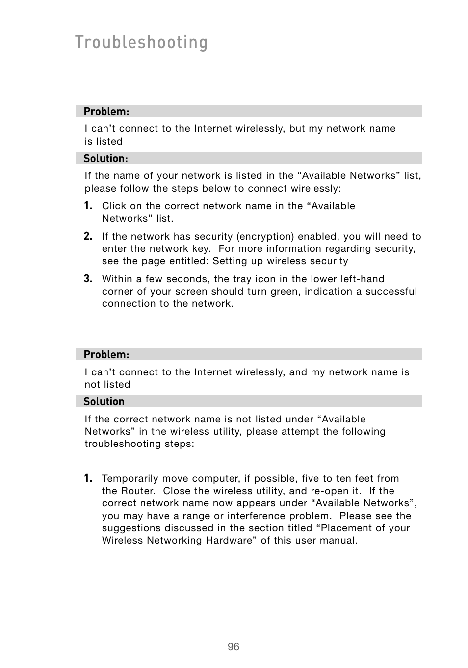 Troubleshooting | Belkin Wireless G Desktop Card F5D7000 User Manual | Page 98 / 116