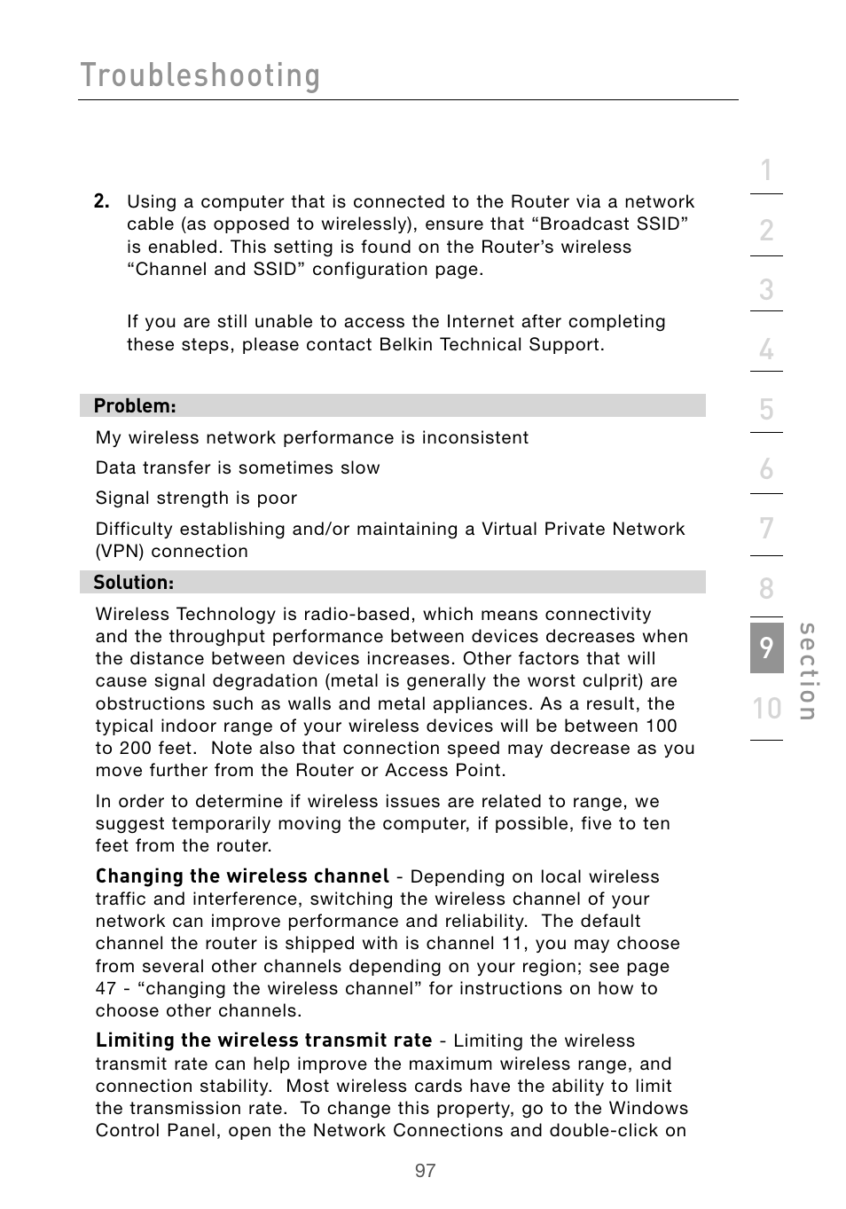Troubleshooting, Se ct io n | Belkin Wireless G Desktop Card F5D7000 User Manual | Page 99 / 116