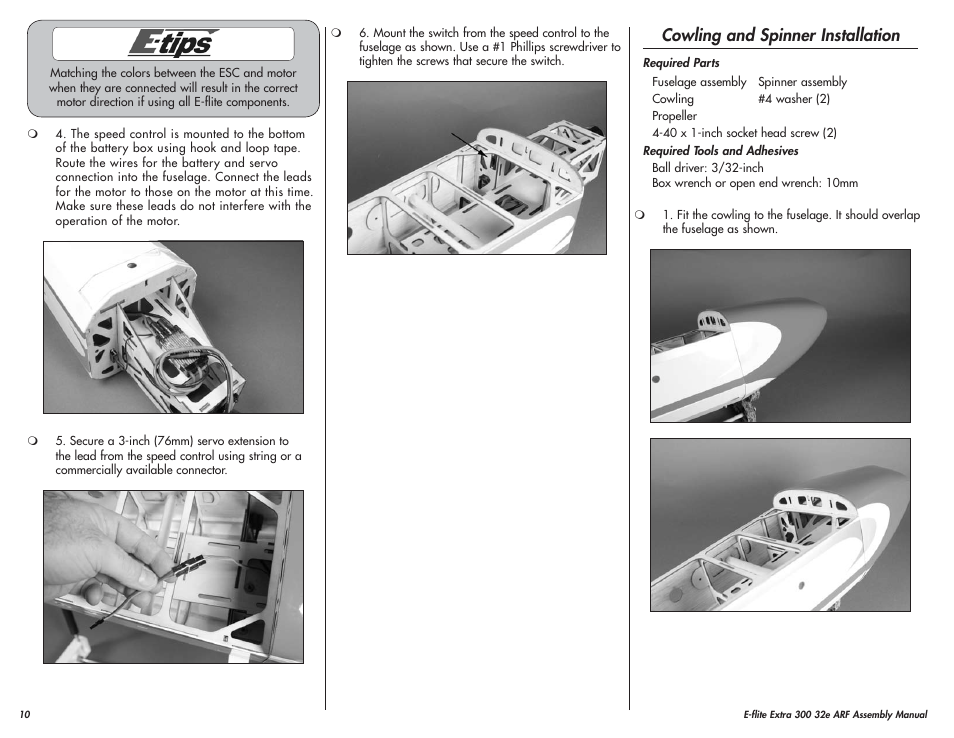 Cowling and spinner installation | E-flite Extra 300 32e ARF User Manual | Page 10 / 36