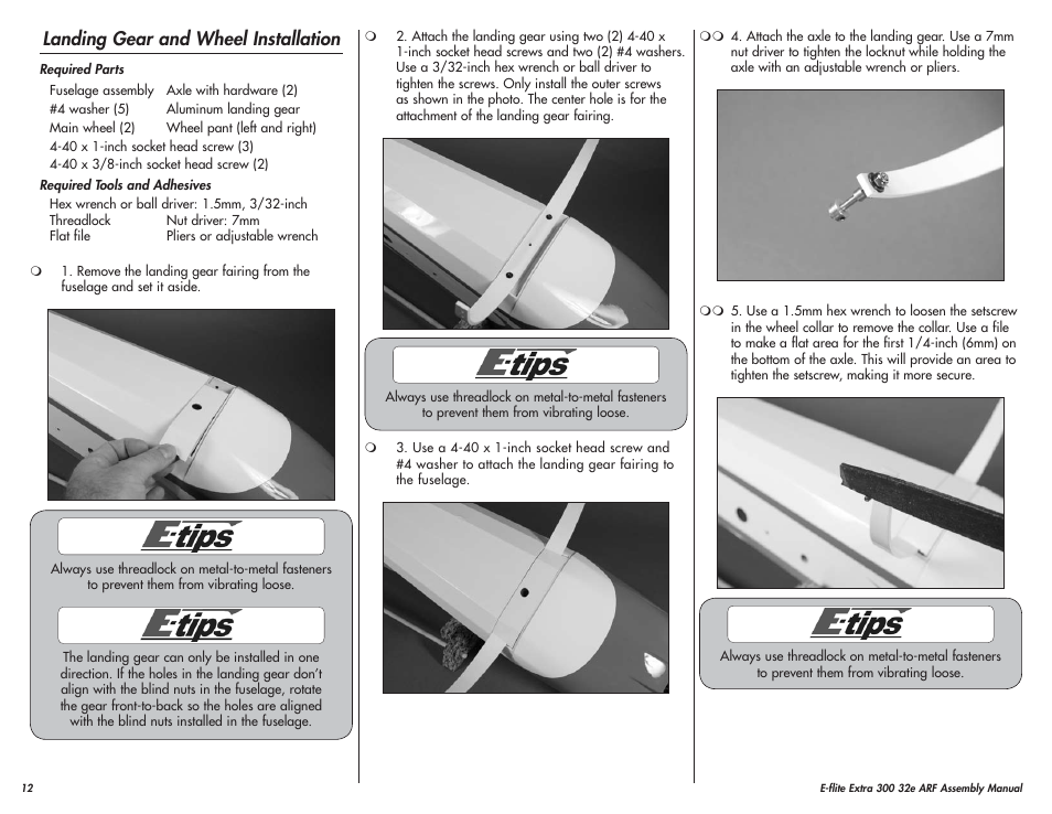 Landing gear and wheel installation | E-flite Extra 300 32e ARF User Manual | Page 12 / 36