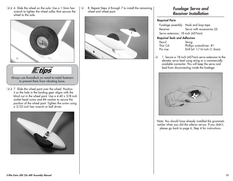 Fuselage servo and receiver installation | E-flite Extra 300 32e ARF User Manual | Page 13 / 36