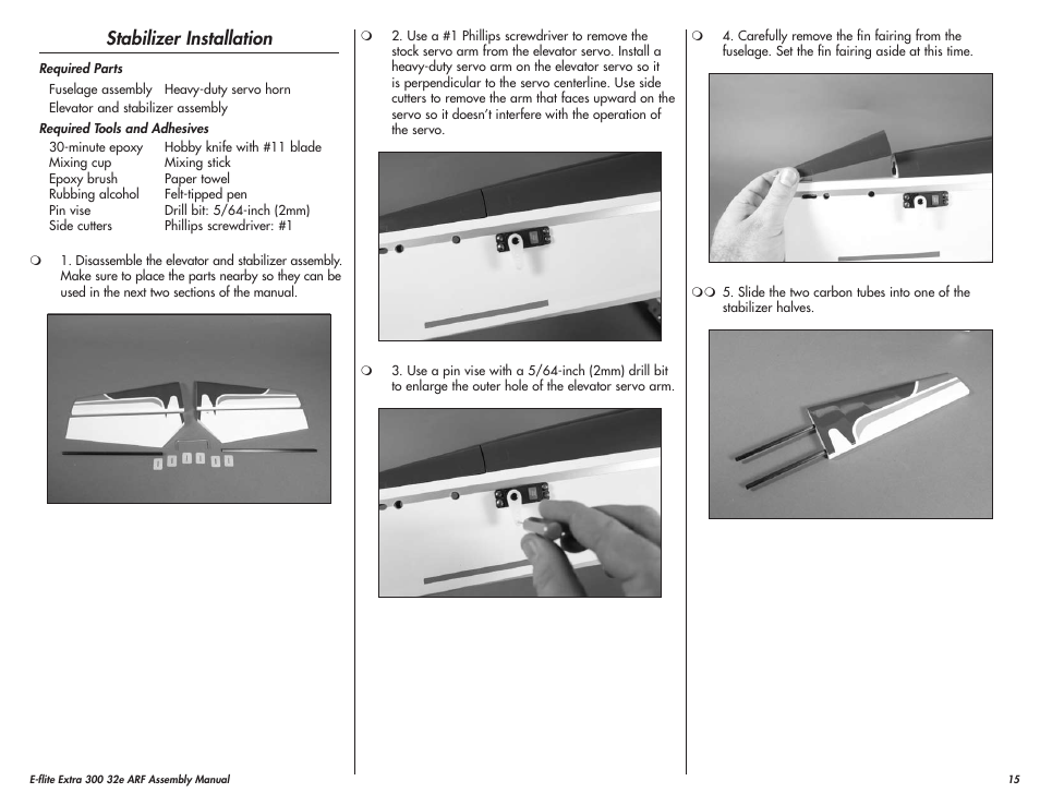 Stabilizer installation | E-flite Extra 300 32e ARF User Manual | Page 15 / 36