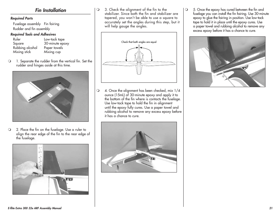Fin installation | E-flite Extra 300 32e ARF User Manual | Page 21 / 36