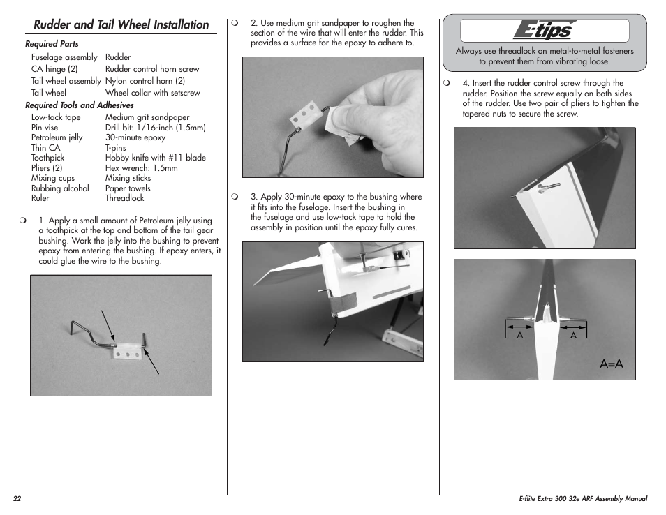 Rudder and tail wheel installation | E-flite Extra 300 32e ARF User Manual | Page 22 / 36