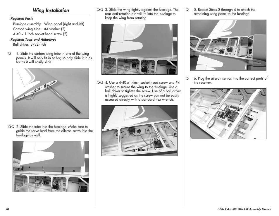 Wing installation | E-flite Extra 300 32e ARF User Manual | Page 28 / 36