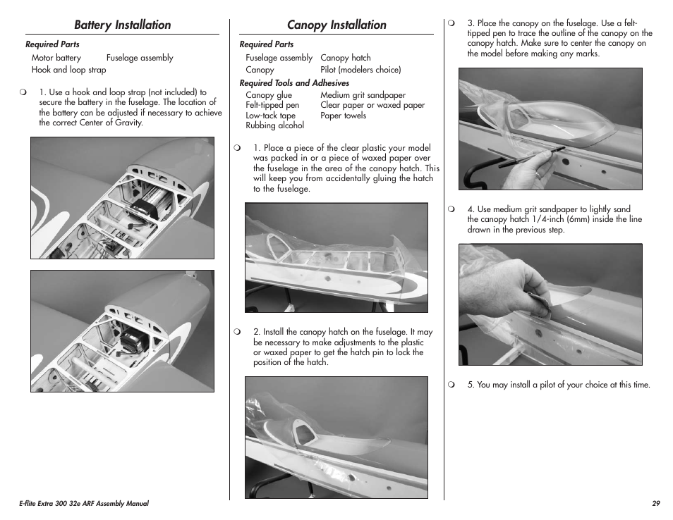 Battery installation, Canopy installation | E-flite Extra 300 32e ARF User Manual | Page 29 / 36