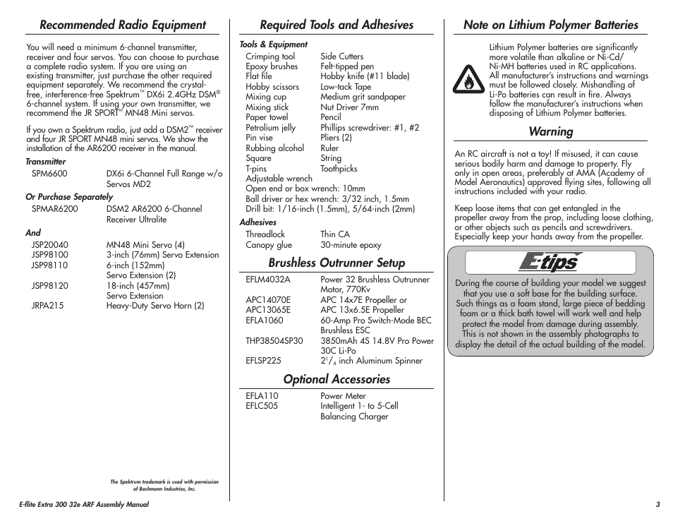 Recommended radio equipment, Required tools and adhesives, Brushless outrunner setup | Optional accessories, Warning | E-flite Extra 300 32e ARF User Manual | Page 3 / 36