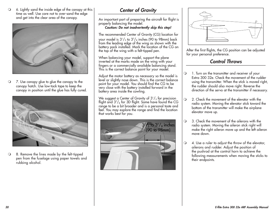 Center of gravity, Control throws | E-flite Extra 300 32e ARF User Manual | Page 30 / 36