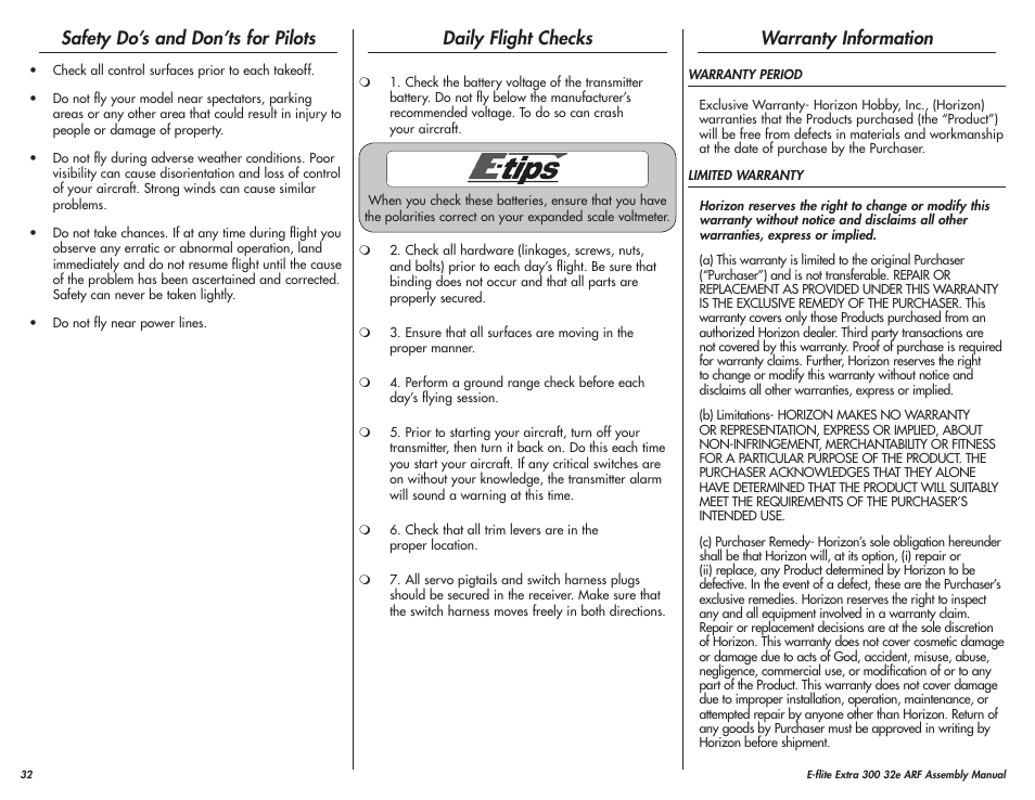 Safety do’s and don’ts for pilots, Daily flight checks, Warranty information | E-flite Extra 300 32e ARF User Manual | Page 32 / 36