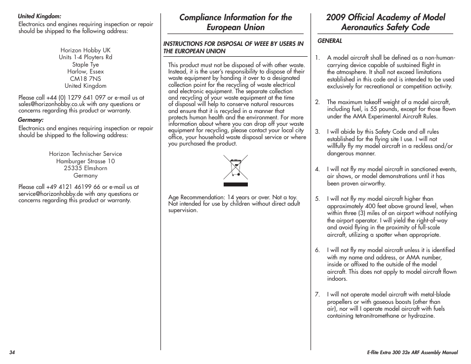 Compliance information for the european union | E-flite Extra 300 32e ARF User Manual | Page 34 / 36