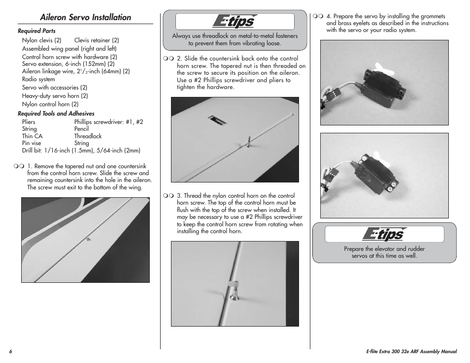 Aileron servo installation | E-flite Extra 300 32e ARF User Manual | Page 6 / 36