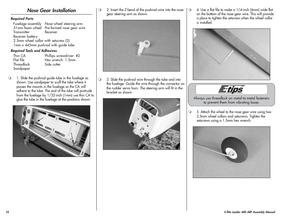 Nose gear installation | E-flite Leader 480 User Manual | Page 10 / 32