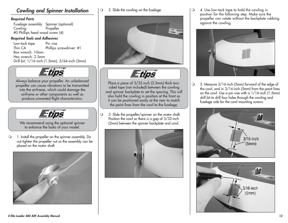 Cowling and spinner installation | E-flite Leader 480 User Manual | Page 13 / 32