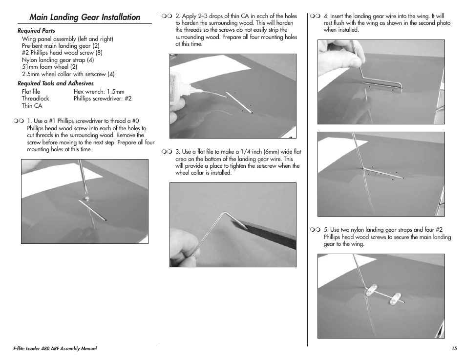 Main landing gear installation | E-flite Leader 480 User Manual | Page 15 / 32