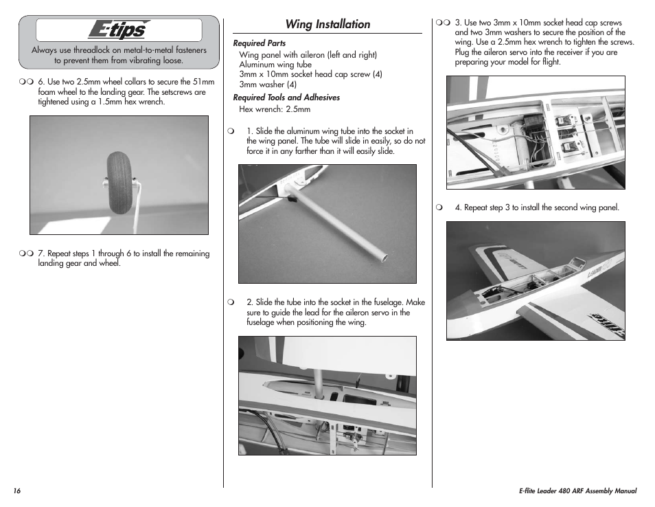 Wing installation | E-flite Leader 480 User Manual | Page 16 / 32