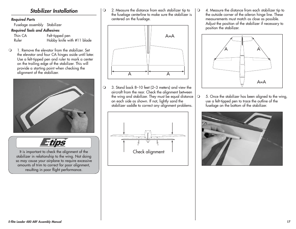 Stabilizer installation | E-flite Leader 480 User Manual | Page 17 / 32