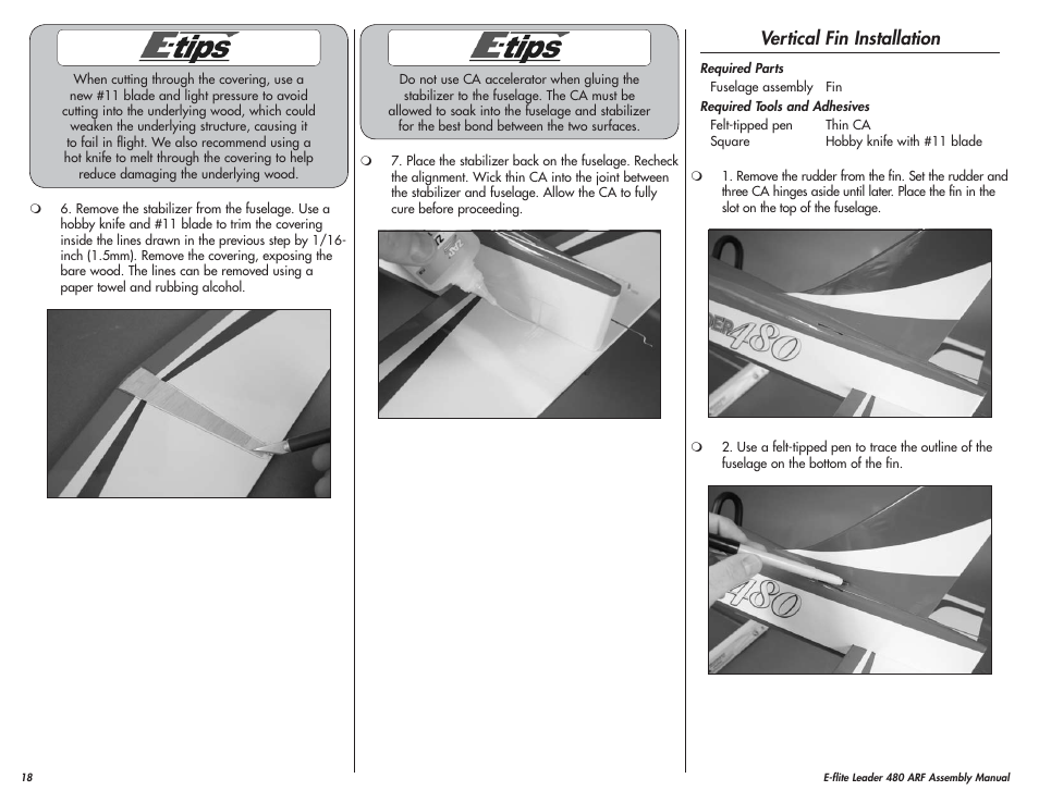 Vertical fin installation | E-flite Leader 480 User Manual | Page 18 / 32