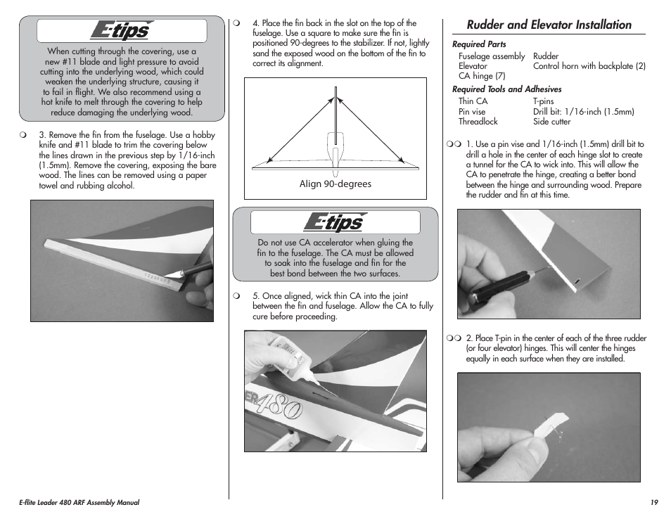 Rudder and elevator installation | E-flite Leader 480 User Manual | Page 19 / 32