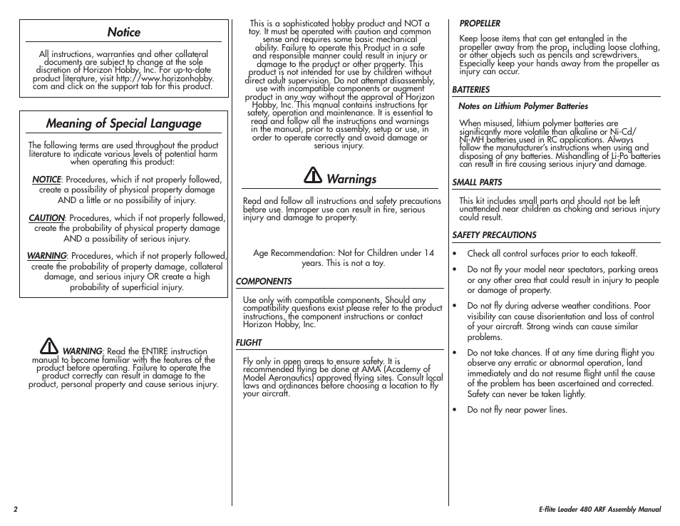 Notice, Meaning of special language, Warnings | E-flite Leader 480 User Manual | Page 2 / 32