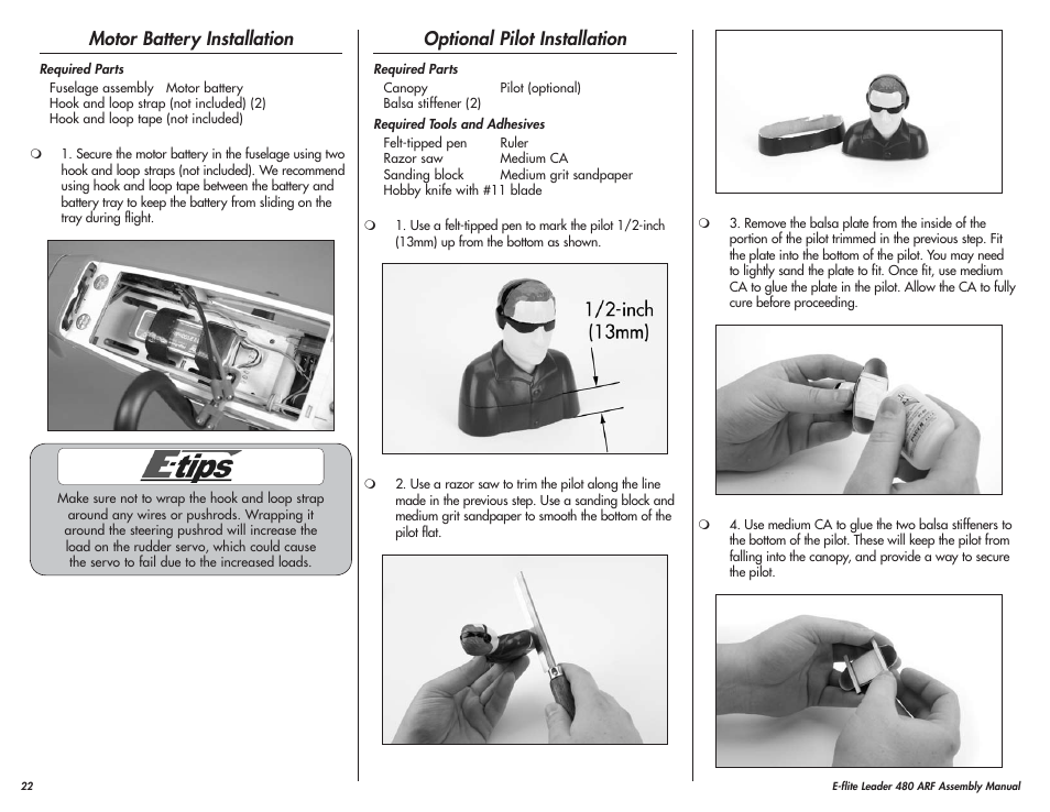 Motor battery installation, Optional pilot installation | E-flite Leader 480 User Manual | Page 22 / 32