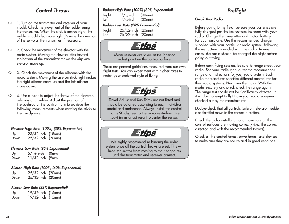 Control throws, Preflight | E-flite Leader 480 User Manual | Page 24 / 32