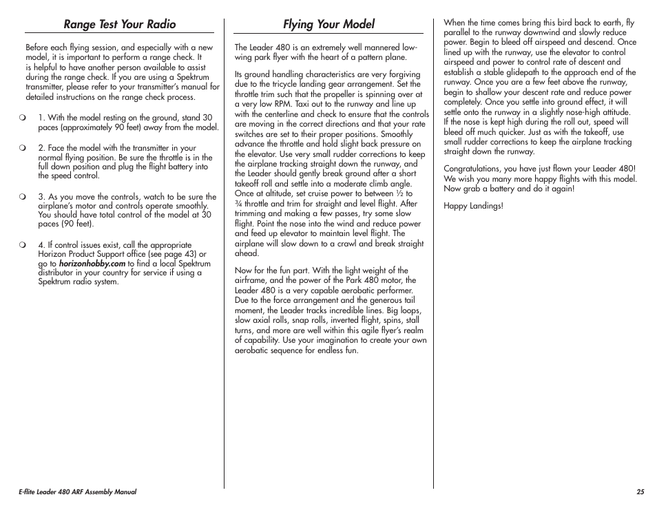 Range test your radio, Flying your model | E-flite Leader 480 User Manual | Page 25 / 32