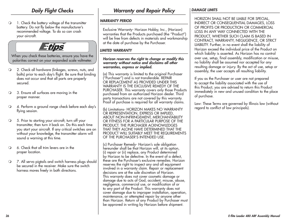 Daily flight checks, Warranty and repair policy | E-flite Leader 480 User Manual | Page 26 / 32