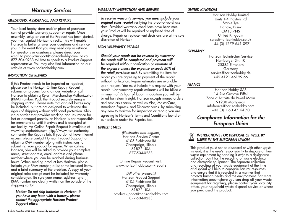 Warranty services, Compliance information for the european union | E-flite Leader 480 User Manual | Page 27 / 32