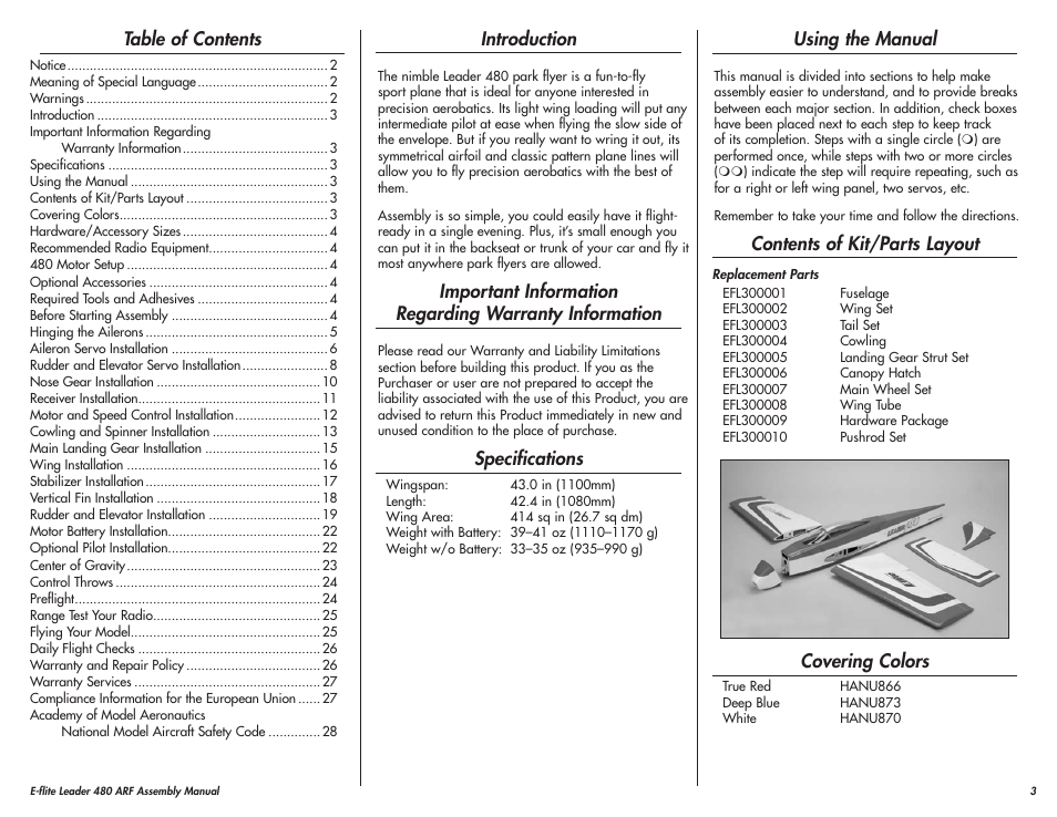 E-flite Leader 480 User Manual | Page 3 / 32