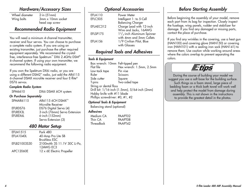 Hardware/accessory sizes, Recommended radio equipment, 480 motor setup | Optional accessories, Required tools and adhesives, Before starting assembly | E-flite Leader 480 User Manual | Page 4 / 32