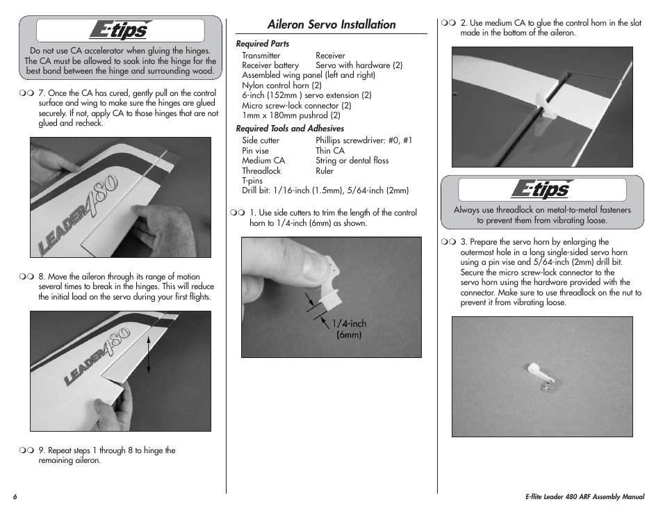 Aileron servo installation | E-flite Leader 480 User Manual | Page 6 / 32