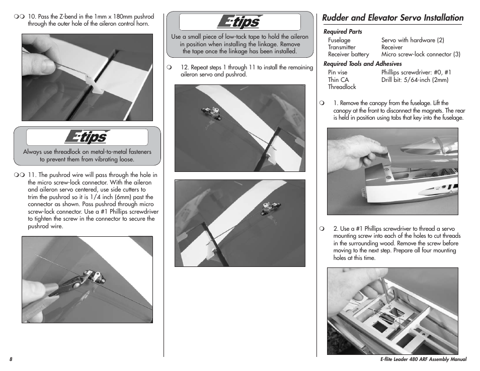 Rudder and elevator servo installation | E-flite Leader 480 User Manual | Page 8 / 32