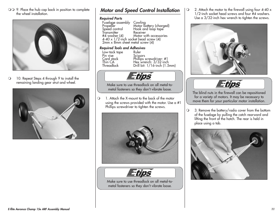 Motor and speed control installation | E-flite Aeronca Champ 15e ARF User Manual | Page 11 / 36