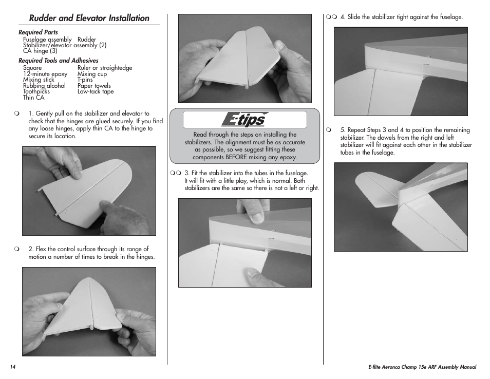 Rudder and elevator installation | E-flite Aeronca Champ 15e ARF User Manual | Page 14 / 36