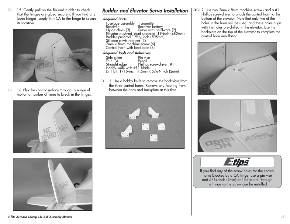 Rudder and elevator servo installation | E-flite Aeronca Champ 15e ARF User Manual | Page 17 / 36