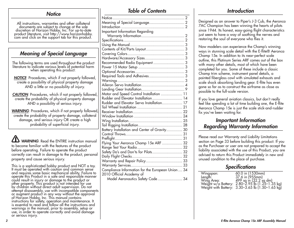 E-flite Aeronca Champ 15e ARF User Manual | Page 2 / 36