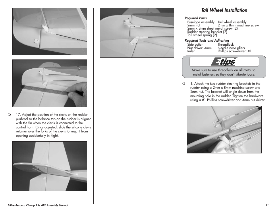 Tail wheel installation | E-flite Aeronca Champ 15e ARF User Manual | Page 21 / 36