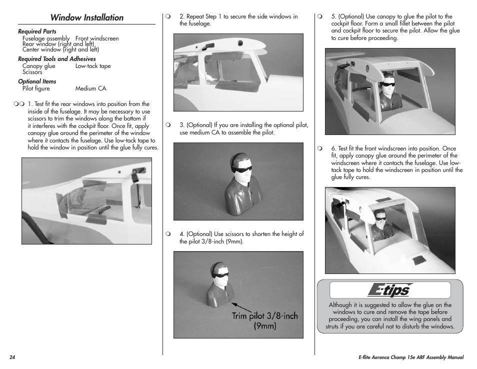 Window installation | E-flite Aeronca Champ 15e ARF User Manual | Page 24 / 36
