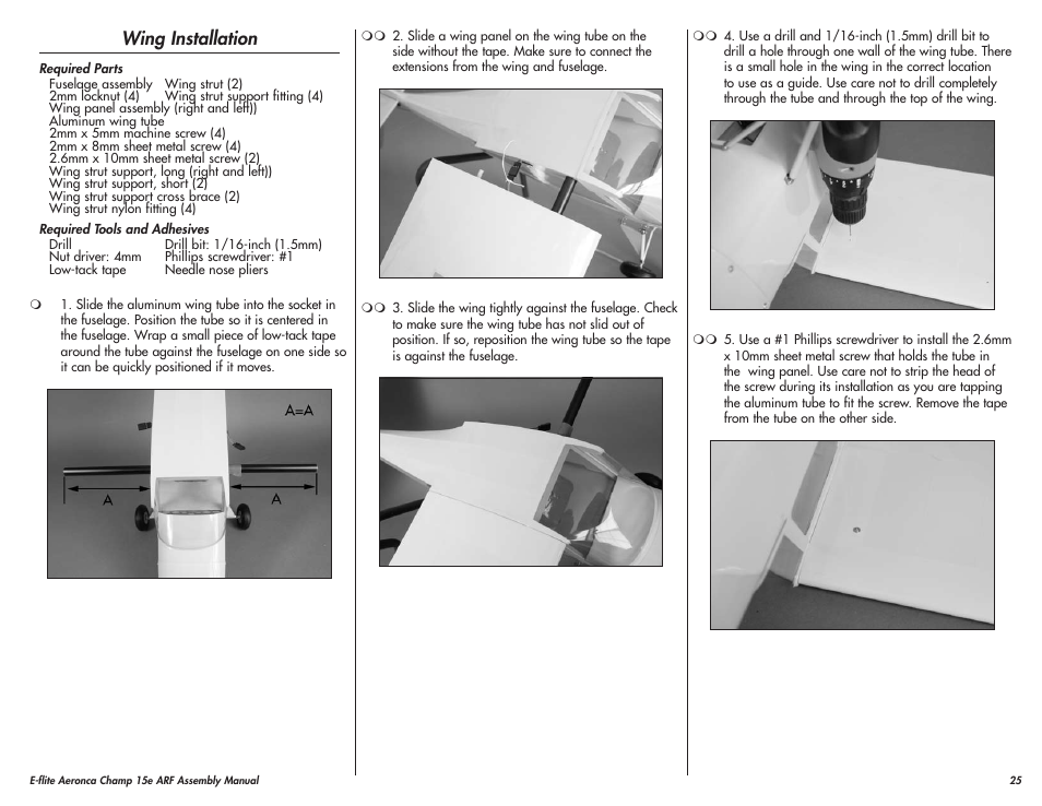 Wing installation | E-flite Aeronca Champ 15e ARF User Manual | Page 25 / 36