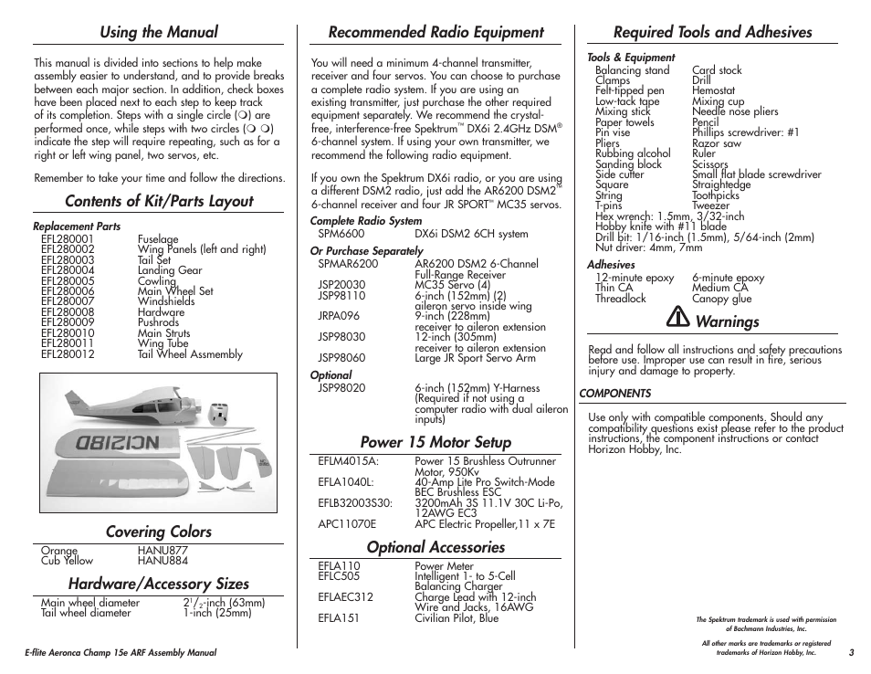 Using the manual, Contents of kit/parts layout, Covering colors | Hardware/accessory sizes, Recommended radio equipment, Power 15 motor setup, Optional accessories, Required tools and adhesives, Warnings | E-flite Aeronca Champ 15e ARF User Manual | Page 3 / 36