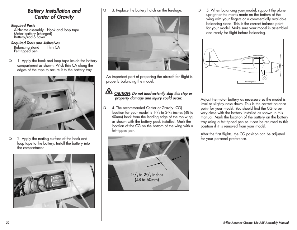 Battery installation and center of gravity | E-flite Aeronca Champ 15e ARF User Manual | Page 30 / 36
